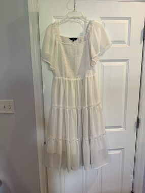 Amazon White Smocked Flutter Sleeve Tiered Midi Dress